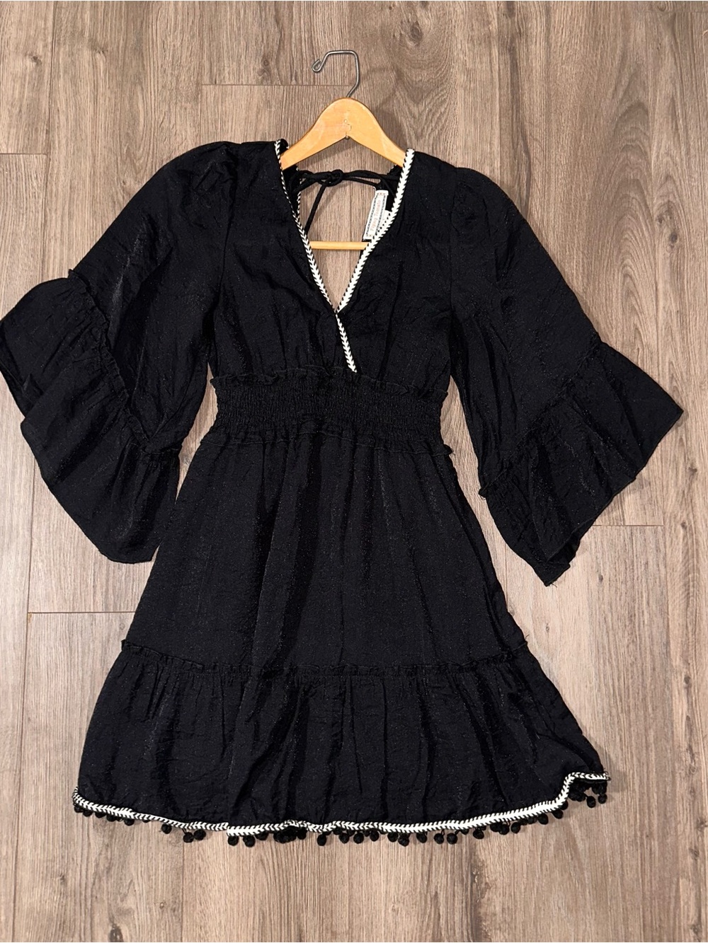 Flying Tomato Dress Women’s Black Mini Dress Pom Pom Trim & Bell Sleeves Small